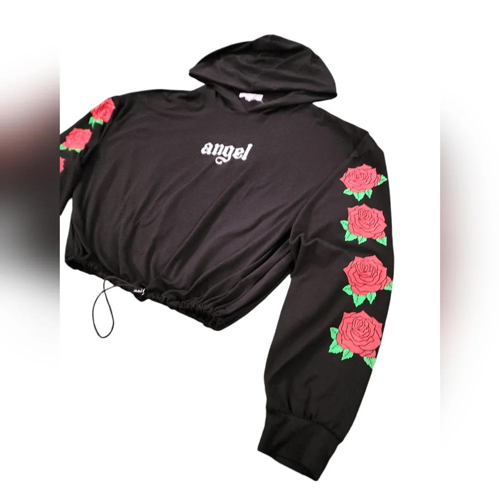 Streetwear Society Hooded Angel Top Sz Medium Roses Black Longsleeve Womens Jr. - Picture 4 of 9